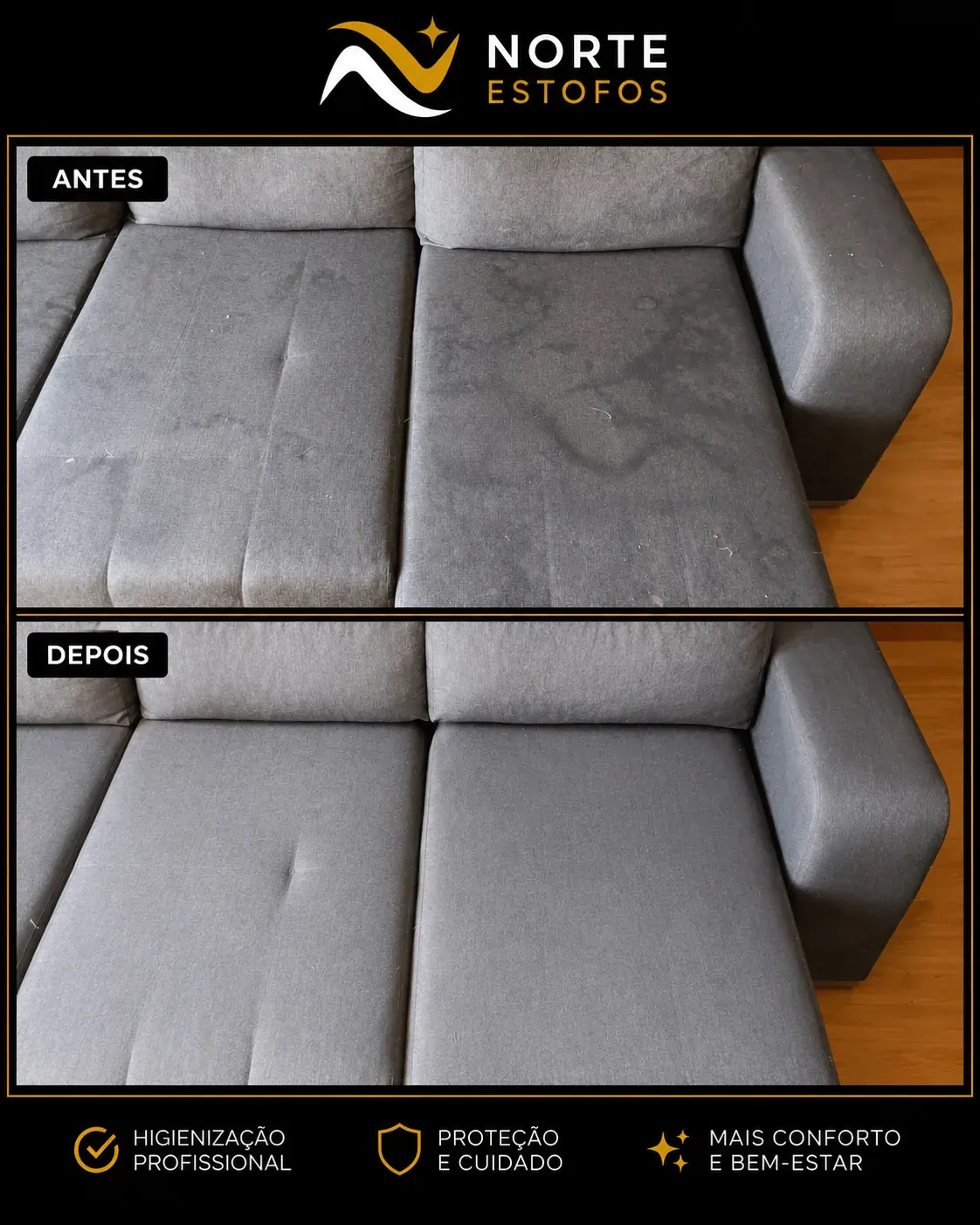 Sofá cinzento antes e depois de higienização