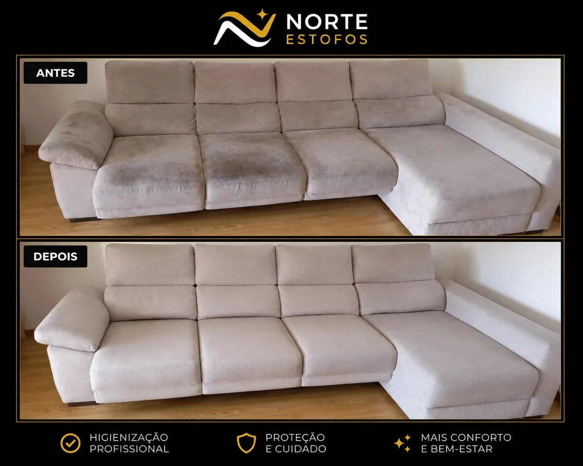 Sofá escuro antes e depois de limpeza profissional