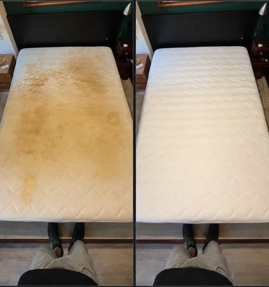 Antes e depois real de higienização profissional de colchão pela Norte Estofos